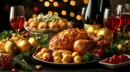 Roasted Turkey with Festive Decorations for Holiday Feast