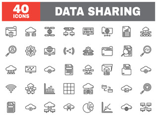 Set of 40 line icons data sharing. Outline icon collection. Editable stroke. Vector illustration.