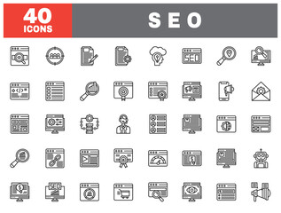 Set of 40 line icons search engine optimization seo. Outline icon collection. Editable stroke. Vector illustration.
