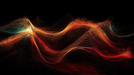 Digital Art of Neon Red and orange Data Streams Forming an Ocean Wave Against a Black Background, Featuring Glowing Textures and Particles for a Realistic and Futuristic Tech Aesthetic