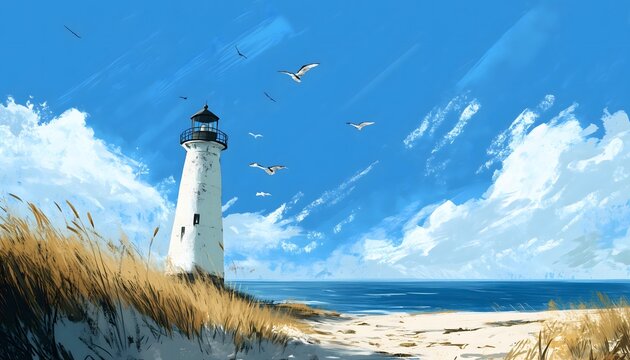 A painted illustration of a lighthouse under a blue sky
