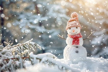 Christmas greeting card with bright winter holiday snowman and New Year background