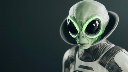 Alien creature with glowing green skin, large black eyes, and a futuristic spacesuit, Halloween costume, alien invasion concept