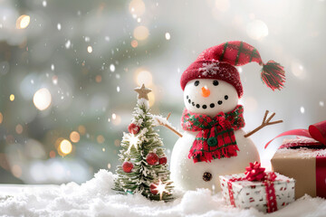 Obraz premium Christmas greeting card with bright winter holiday snowman and New Year background