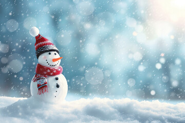 Obraz premium Christmas greeting card with bright winter holiday snowman and New Year background