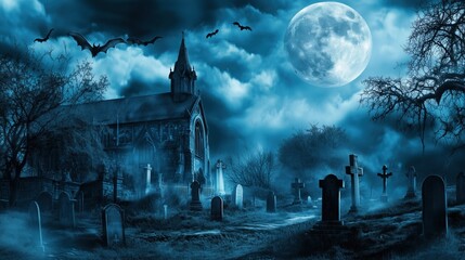 A mysterious full moon shines over an ancient Gothic cemetery, enveloped in thick fog and ominous clouds. The eerie scene is illuminated by blue moonlight, casting shadows across the graveyard. A larg
