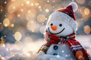 Christmas greeting card with bright winter holiday snowman and New Year background