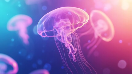 Glowing jellyfish swimming through a bright, colorful ocean of liquid light, symbolizing underwater imagination
