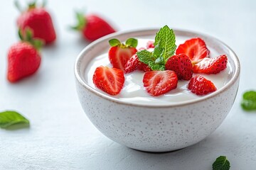 Yogurt with strawberries and mint
