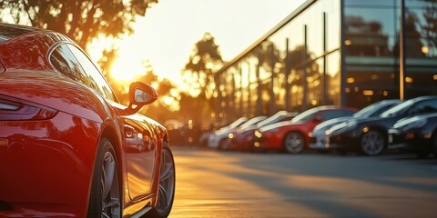 Naklejka premium Cars Parked in a Well-Lit Lot at Sunset, Ideal for Dealership and Rental Service Backgrounds