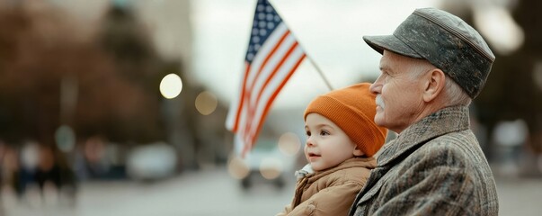 A grandfather holding a child, both smiling, with an American flag in the background.