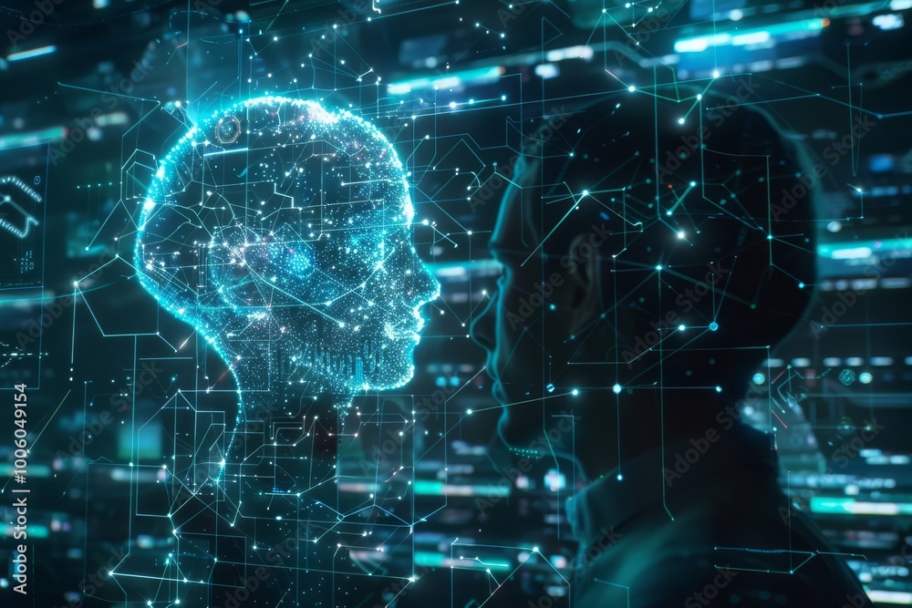 Poster exploring the future of artificial intelligence through a captivating digital interaction in a futur