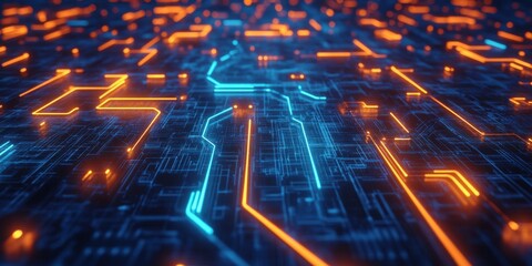 a computer circuit with glowing orange and blue lights