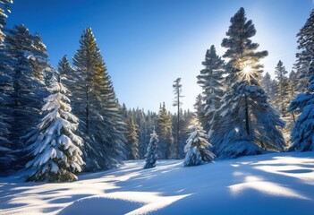 Fototapeta premium captivating winter wonderland featuring snow covered landscape tall pine trees under clear blue sky, evergreen, snowfall, scenery, frosty, beauty, scenic