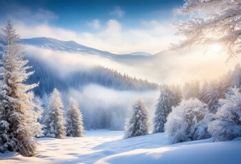 Obraz premium enchanting winter wonderland landscape majestic snow covered trees serene snow blankets, arctic, beauty, bright, calm, clean, cold, cosmic, crystal, festive