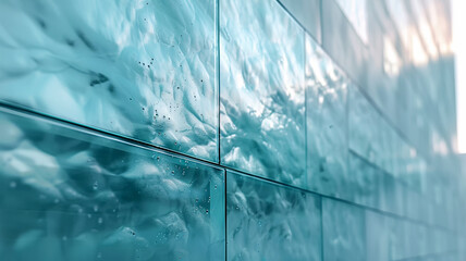 Textured glass wall reflecting ocean waves during sunset near an urban environment