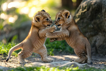 Playful Lion Cubs Engaging in an Adorable Play Fight, Demonstrating Their Growing Strength and Bond in the Wild. Generative AI