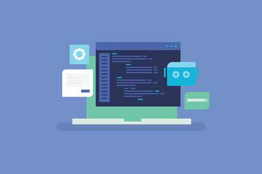 Artificial intelligence writing codes, AI generating code for software and application, AI chat bot writing codes, Prompt for code generation. Vector illustration background.