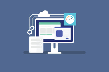 Cloud Hosting service, Website hosted in secure cloud server, Web server speed optimization, Cloud storage. Vector illustration concept.