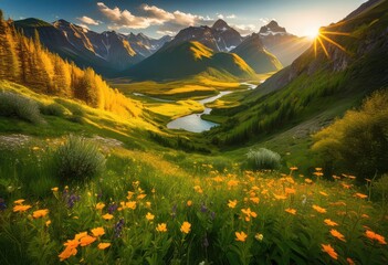 Fototapeta premium stunning nature landscapes featuring lush sun drenched greenery vibrant scenic elements, adventure, scenery, flora, fauna, sunlight, colors, meadow, grass