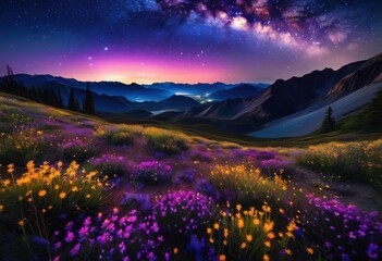 Obraz premium vibrant night sky showcasing colorful shooting stars overmajestic landscape filled natural beauty scenic views, colors, panorama, celestial, illumination