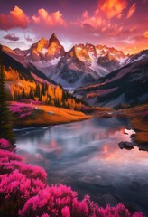 breathtaking mountain vista sunrise featuring vibrant skies shades gold illuminating majestic peaks reflective valleys, sunset, sky, clouds, landscape