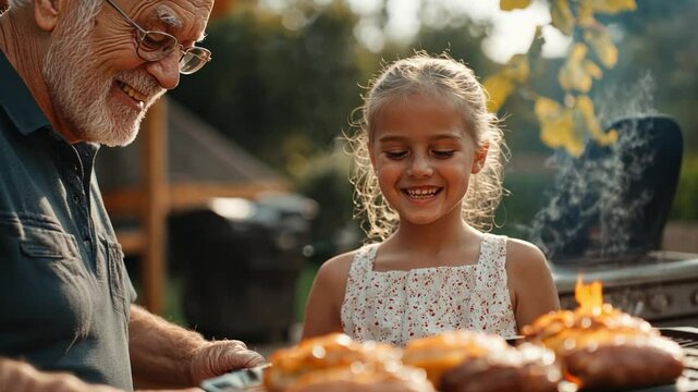 Grandparents spending quality time with their grandchildren during a family barbecue in the backyard.