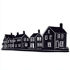 Artistic silhouette of a row of black houses against a white background, showcasing unique architectural designs and styles.