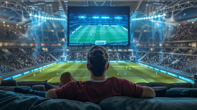 A man is watching a soccer game on a large screen in a stadium