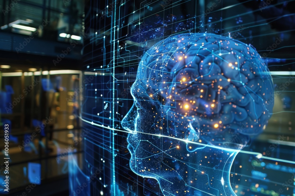 Poster exploring the intricate connections of a digital brain in a high-tech innovation lab illuminated by 