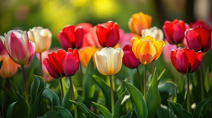 Obraz premium Vibrant Tulips in Bloom Amidst a Lush Background
