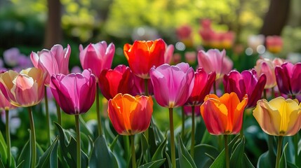 Obraz premium Vibrant Tulips in Bloom Surrounded by Lush Greenery