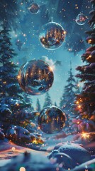 Christmas scene featuring floating baubles and unusual, dreamlike effects.