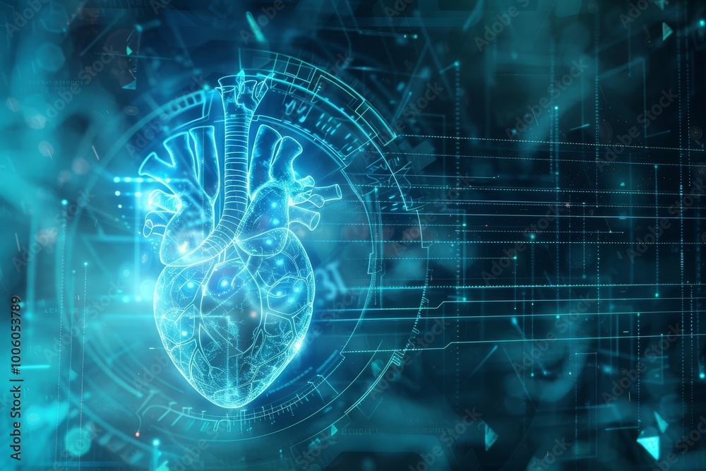 Poster exploring the intricate digital representation of the human heart in a futuristic environment filled