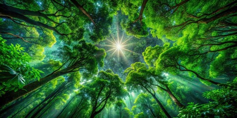 Fototapeta premium Vibrant forest canopy, rich with dense foliage. Sunlight streams through leaves, casting enchanting patterns on the forest floor, creating a magical and serene atmosphere.