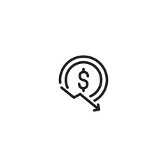 Dollar value down. Financial loss. Decreasing currency. Economic decline. Dollar sign with downward arrow. Dollar down icon.