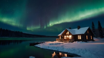 Fototapeta premium Winter chalet in a snowy landscape at night with green polar lights in the sky, wooden winter house
