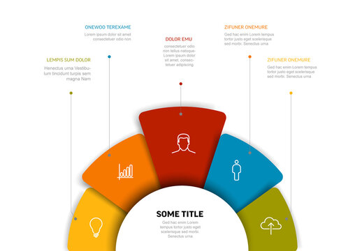 Infographic template with fivecolor  element options on bottom fan infochart cheme diagram