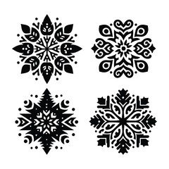 Abstract Black Snowflakes Isolated on White Background Unique Winter-Themed Illustrations for Seasonal Designs