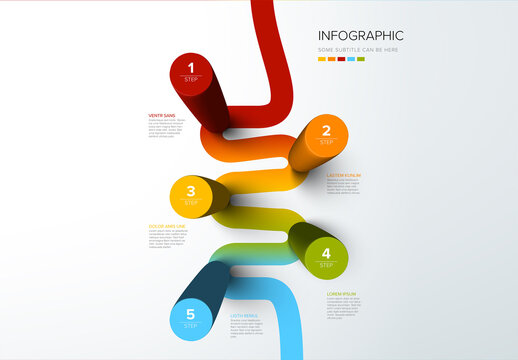 Five round columns infographic template with five steps instructions on rainbow path