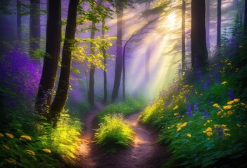 Obraz premium enchanting misty forest path surrounded lush vibrant foliage bathed soft sunlight, fog, trees, greenery, wilderness, pathway, trail, nature, landscape