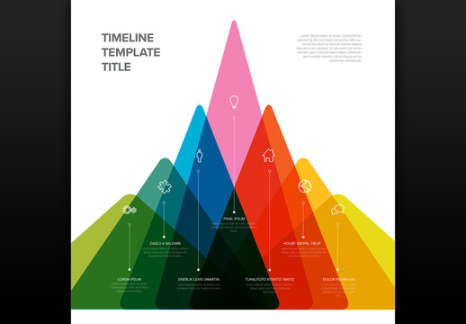 Seven triangle mountain upwards steps in rainbow infographic template for process description