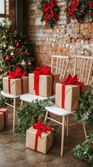 Cozy Christmas scene with chairs and holiday gifts, adorned with festive decorations, green wreaths, and red ribbons in rustic setting.