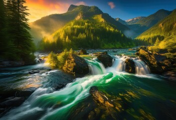 Fototapeta premium breathtaking natural vibrant palette colors featuring skies without human presence, lake, river, mountain, forest, valley, landscape, meadow, creek