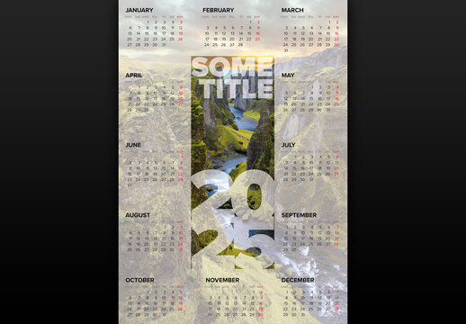 Light vertical calendar template for the year 2025 with big photo placeholder