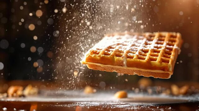 Slow Motion Waffle Dusting with Icing Sugar in a Rustic Setting