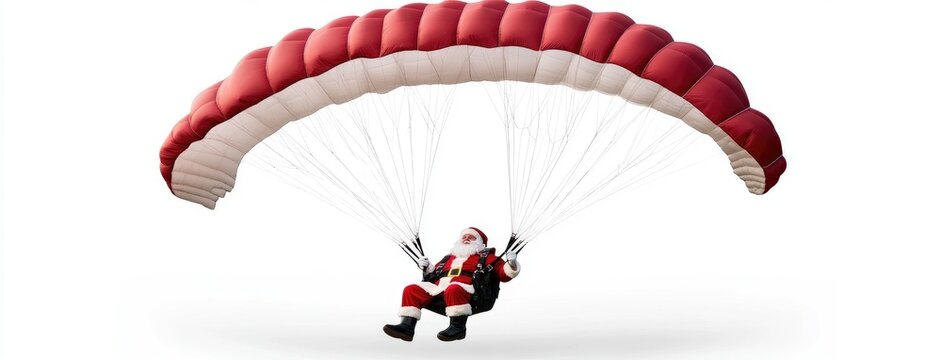 Santa Claus in military gear making a fun skydiving descent with a parachute against a bright white backdrop