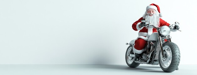 Santa Claus joyfully rides a Harley motorcycle, spreading holiday cheer with a wave against a snowy backdrop