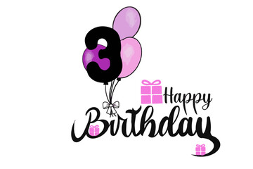 happy birthday vector girl with pink ballon and number ballon 3