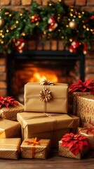 Cozy Christmas scene with wrapped gifts, festive garland, bright fairy lights, and poinsettias in front of a warm, glowing fireplace.